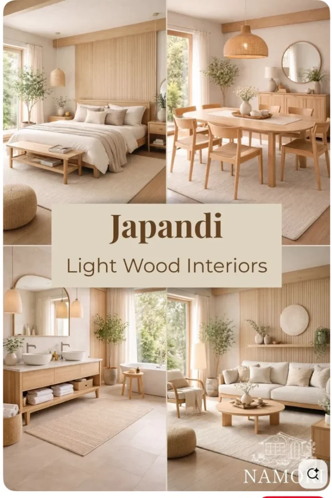 Japandi living room with natural wood furniture and neutral décor Scandinavian and Japanese inspired minimalist living space