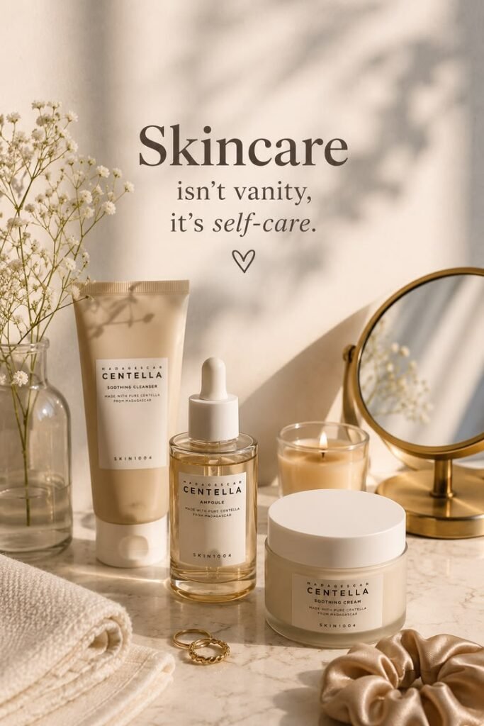 “minimal skincare routine setup with cleanser, serum, moisturizer on aesthetic bathroom counter, natural light, modern style”