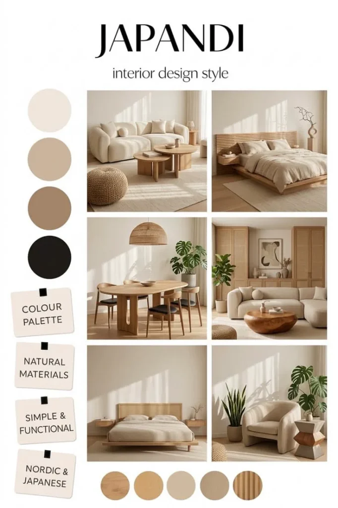japandi interior design 2026 Cozy Japandi apartment interior with natural textures and soft sunlight
