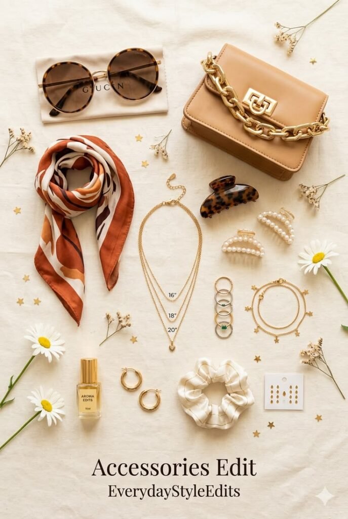 Minimalist capsule accessories collection with neutral handbags, classic jewelry, and organized timeless everyday style.