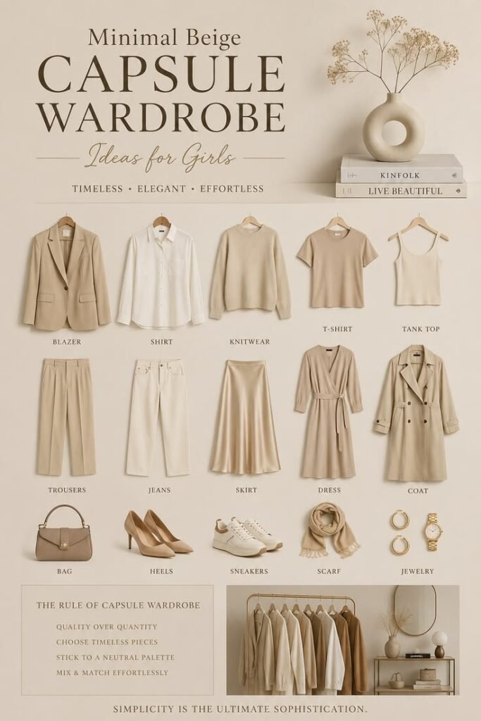 Woman organizing a capsule accessories collection with neutral handbags, jewelry, and timeless fashion essentials in a minimalist wardrobe.