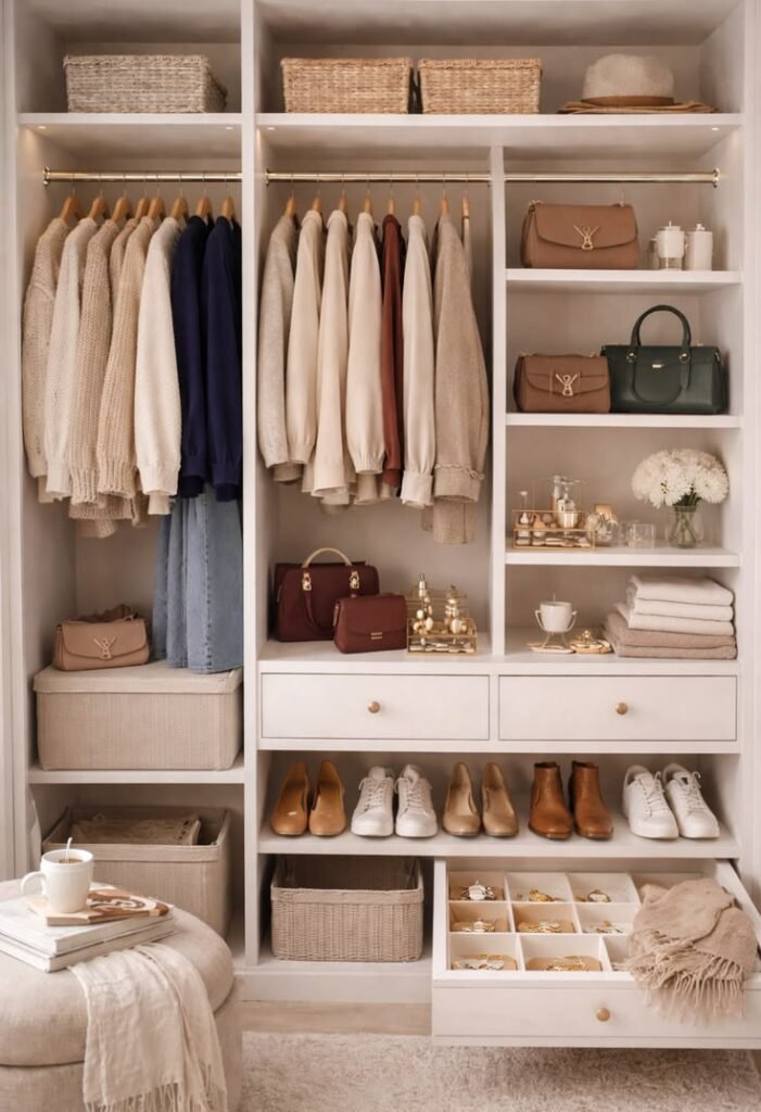 Woman organizing versatile fashion accessories in a clean wardrobe to create a timeless capsule collection.