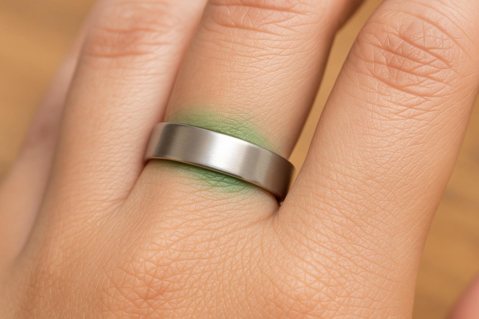Close-up of a finger with a green mark from a fashion ring beside stainless steel jewelry, demonstrating how different metals affect sensitive skin.