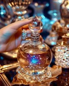 Woman applying perfume to her wrist after moisturizing skin to help fragrance last longer, elegant beauty routine in a bright minimalist 