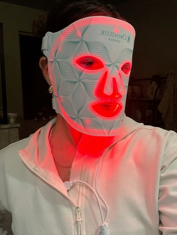 Omnilux Contour Face flexible silicone mask fitted around the face