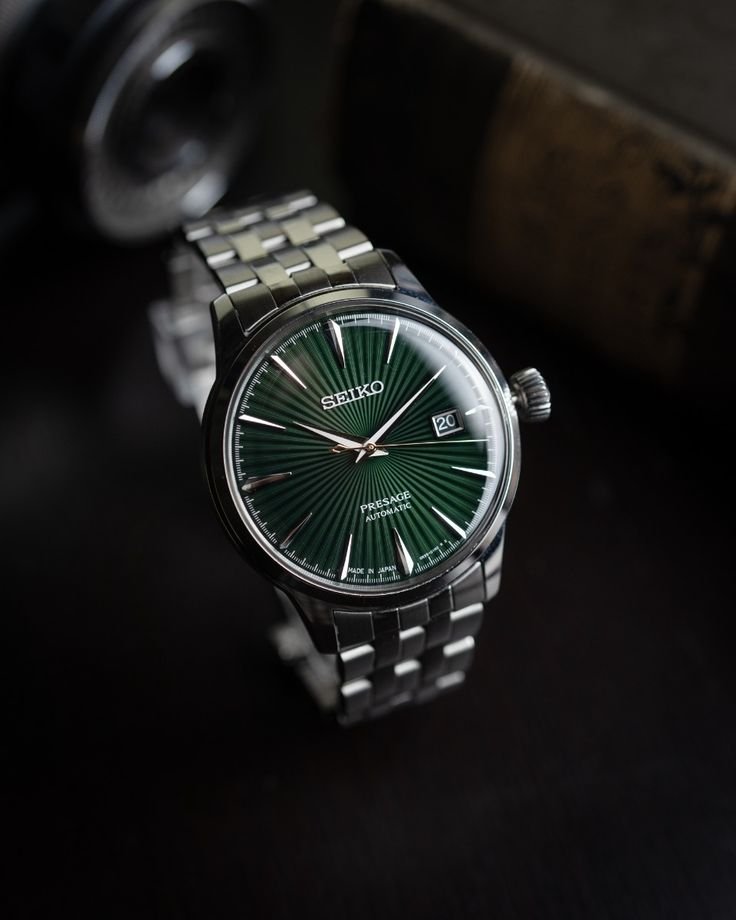 Seiko Presage watch showing detailed textured dress watch dial